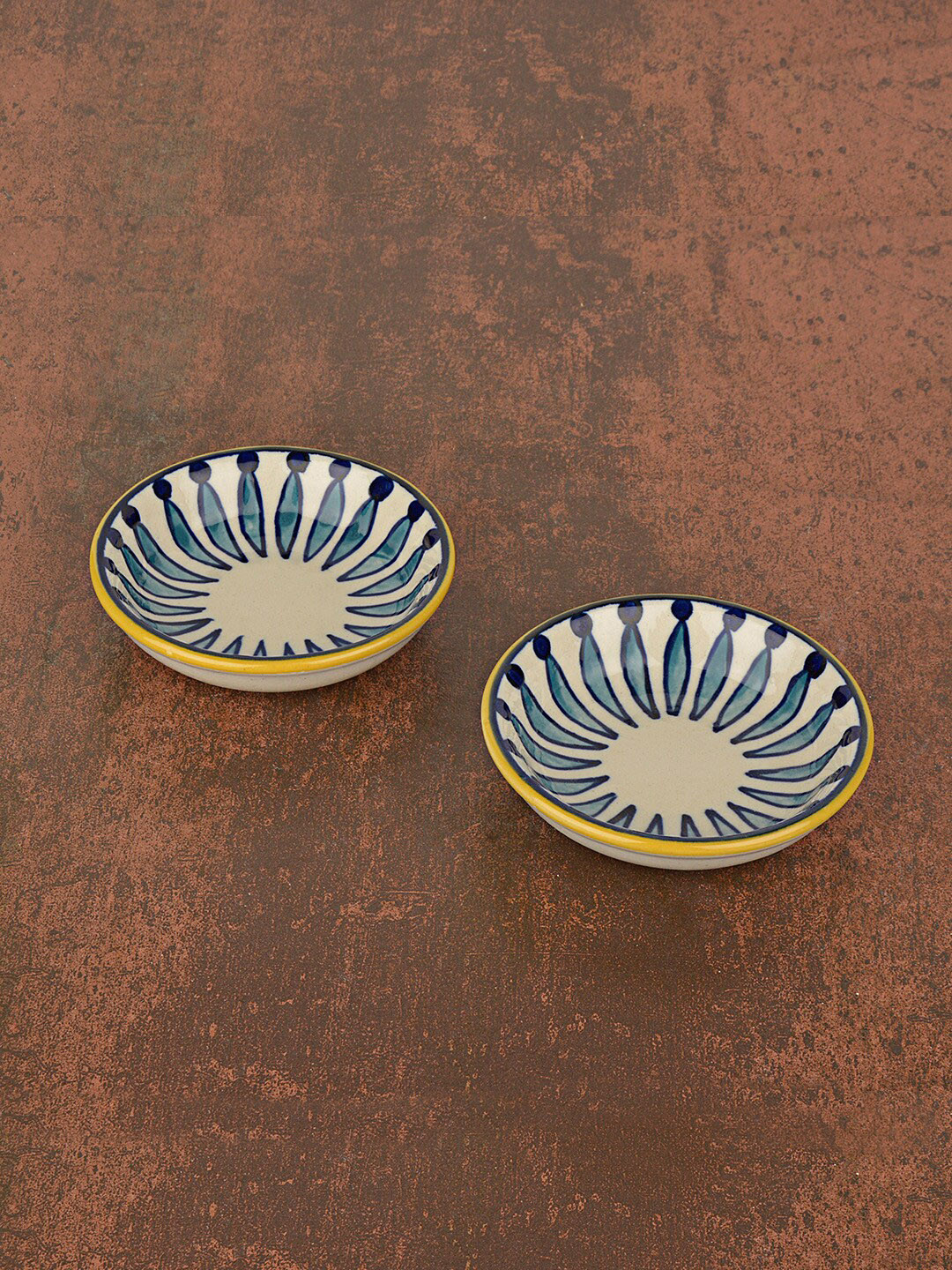 StyleMyWay Set Of 2 White & Blue Hand-Painted Ceramic Dip Bowls