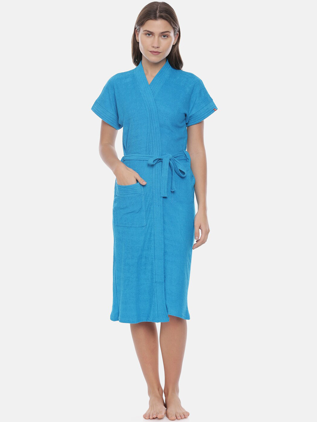 GOLDSTROMS Turquoise Blue Solid Cotton Drawstring Knee Length Bath Robe