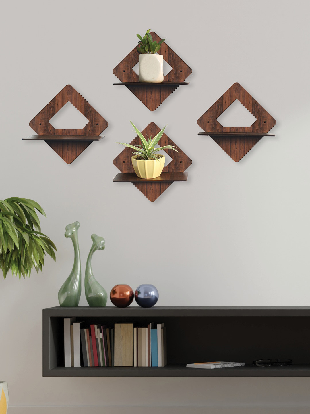 RANDOM Set Of 4 Brown MDF Square Basic Wall Plant/Flower Shelf