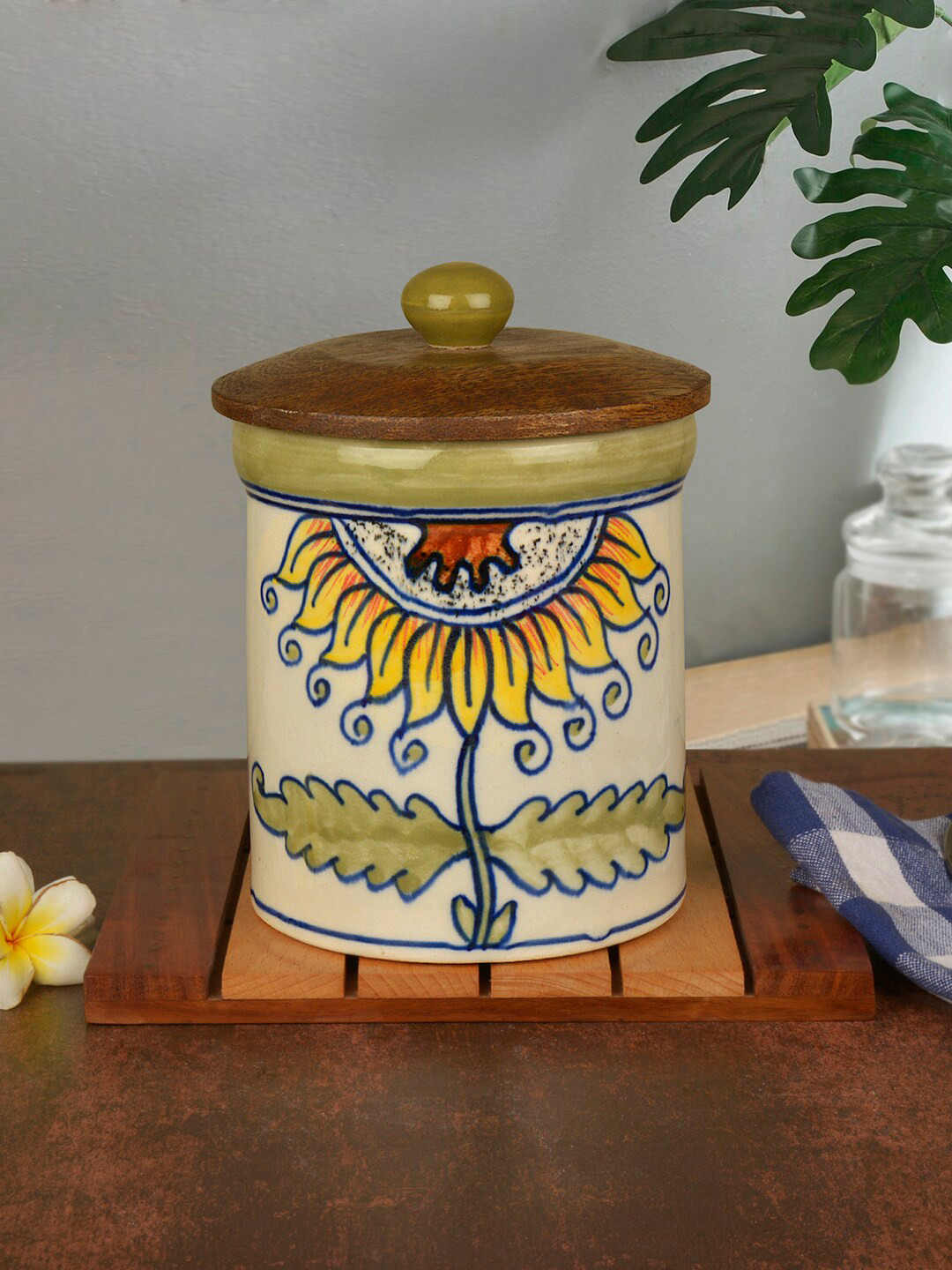 Stylemyway White Leaf Ceramic Hand-Painted Clip-On Canister-1L