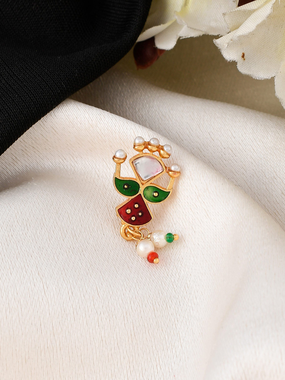 Silvermerc Designs Gold-Plated Red & Green Enamelled Pearl-Studded Adishakti Besar Nosepin