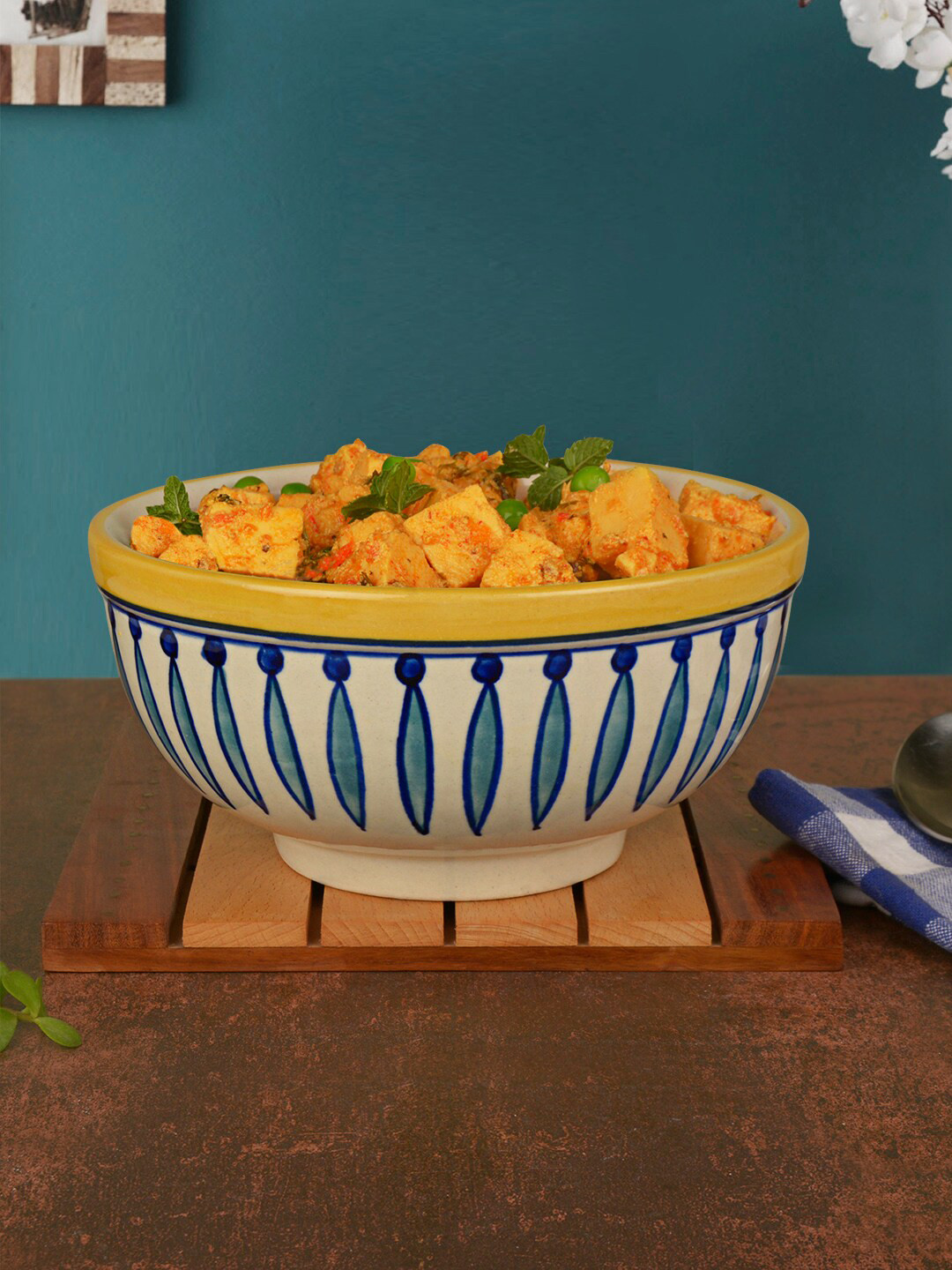 StyleMyWay White & Blue Handpainted Kyoto Collection Ceramic Dinner Serving Bowl