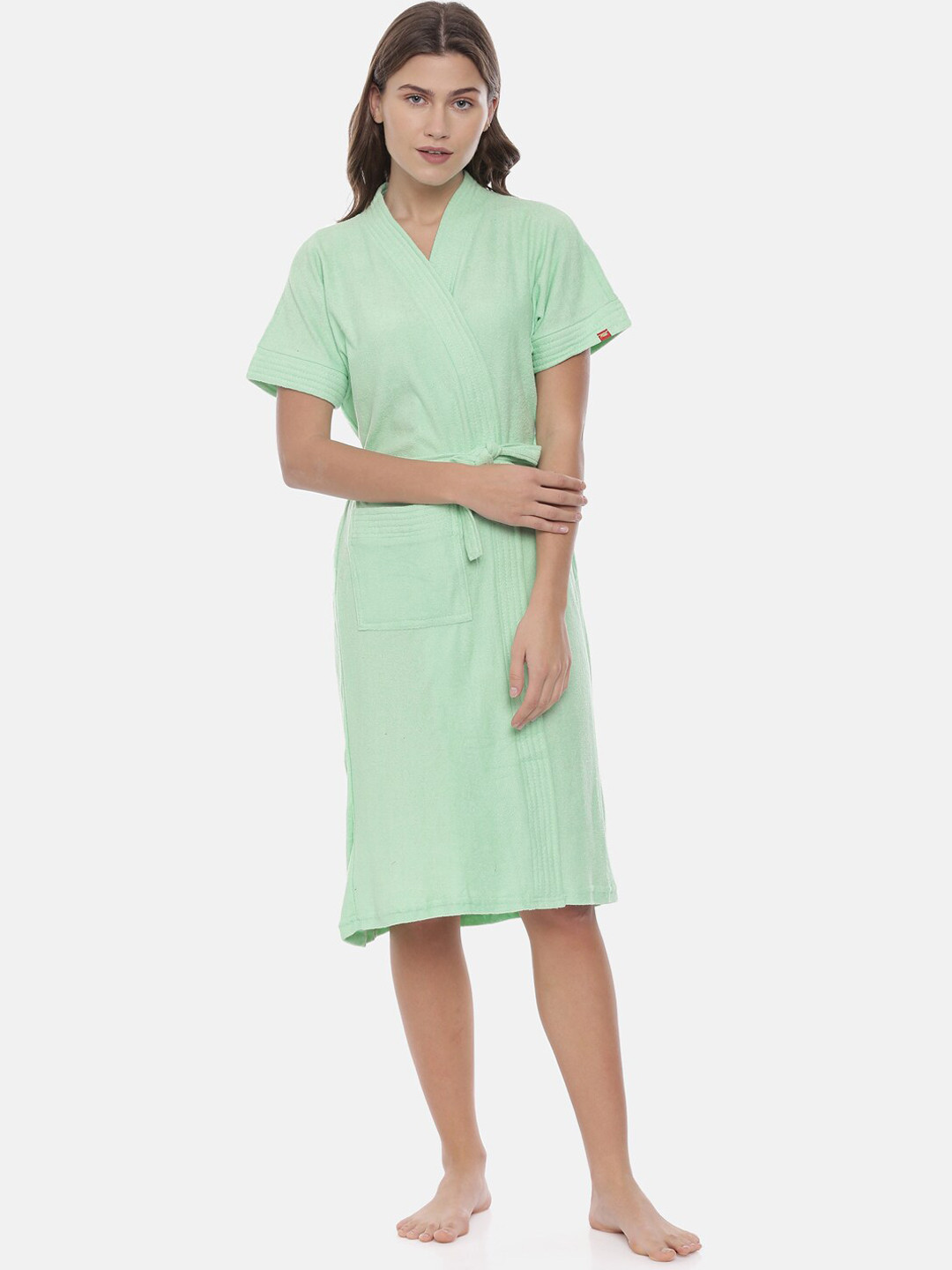 GOLDSTROMS Green Solid Cotton Drawstring Knee Length Bath Robe