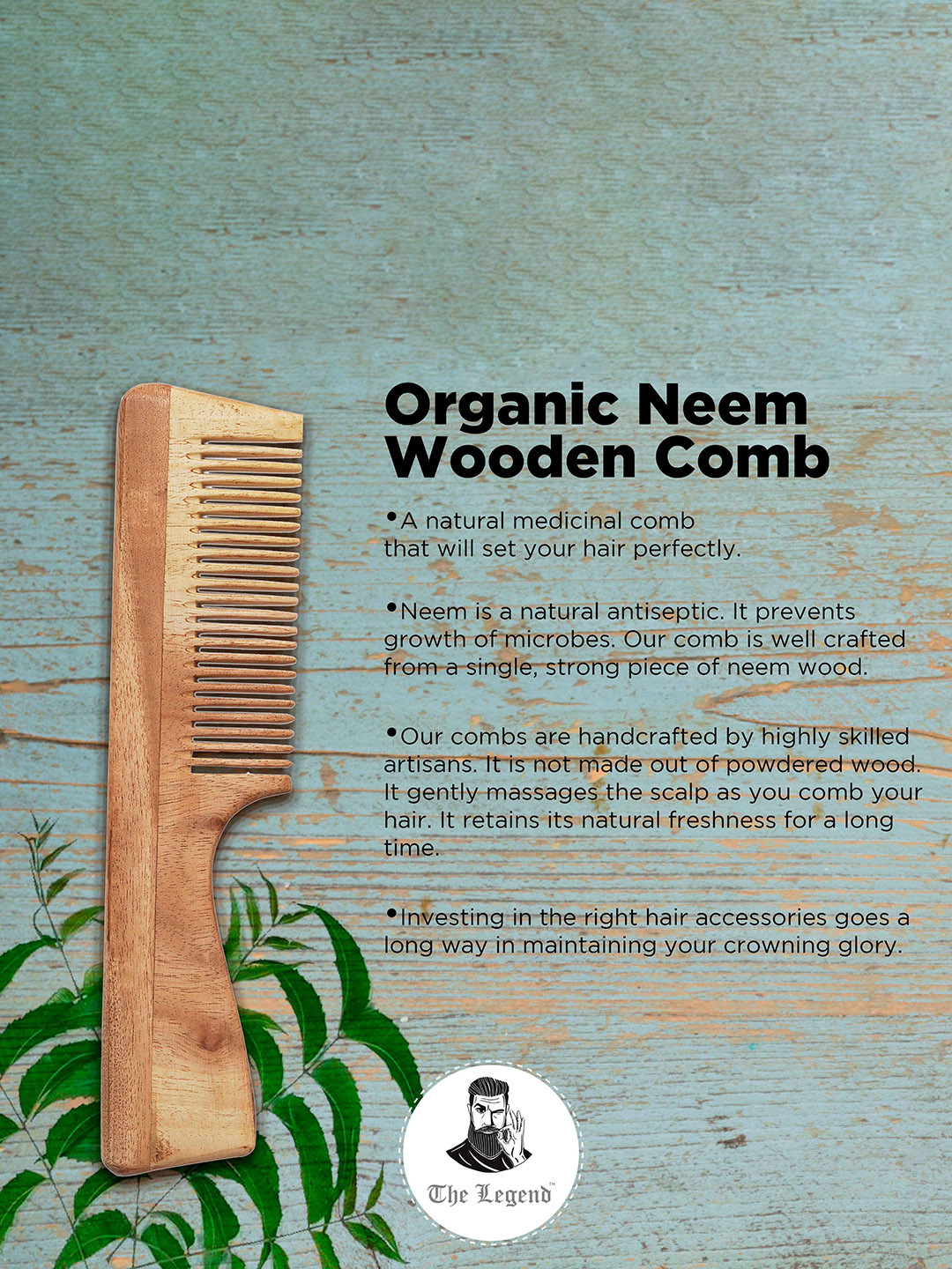 The Legend Organic Neem Wood Comb with Handle
