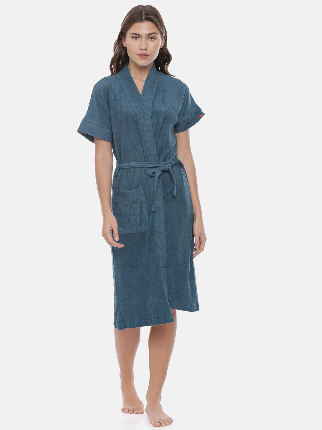 GOLDSTROMS Teal Solid Cotton Drawstring Knee Length Bath Robe
