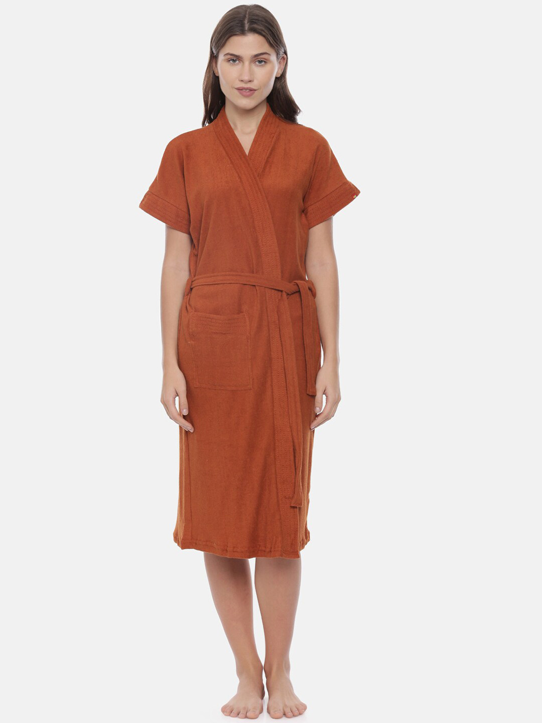 GOLDSTROMS Brown Solid Cotton Drawstring Knee Length Bath Robe
