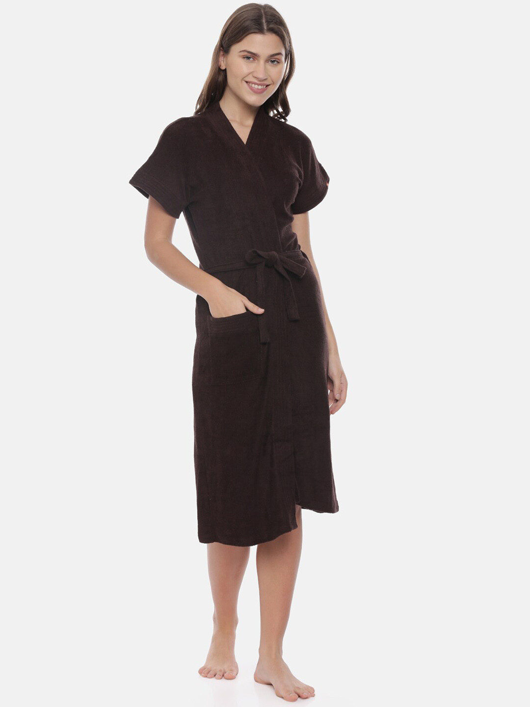 GOLDSTROMS Coffee Brown Solid Cotton Drawstring Knee Length Bath Robe