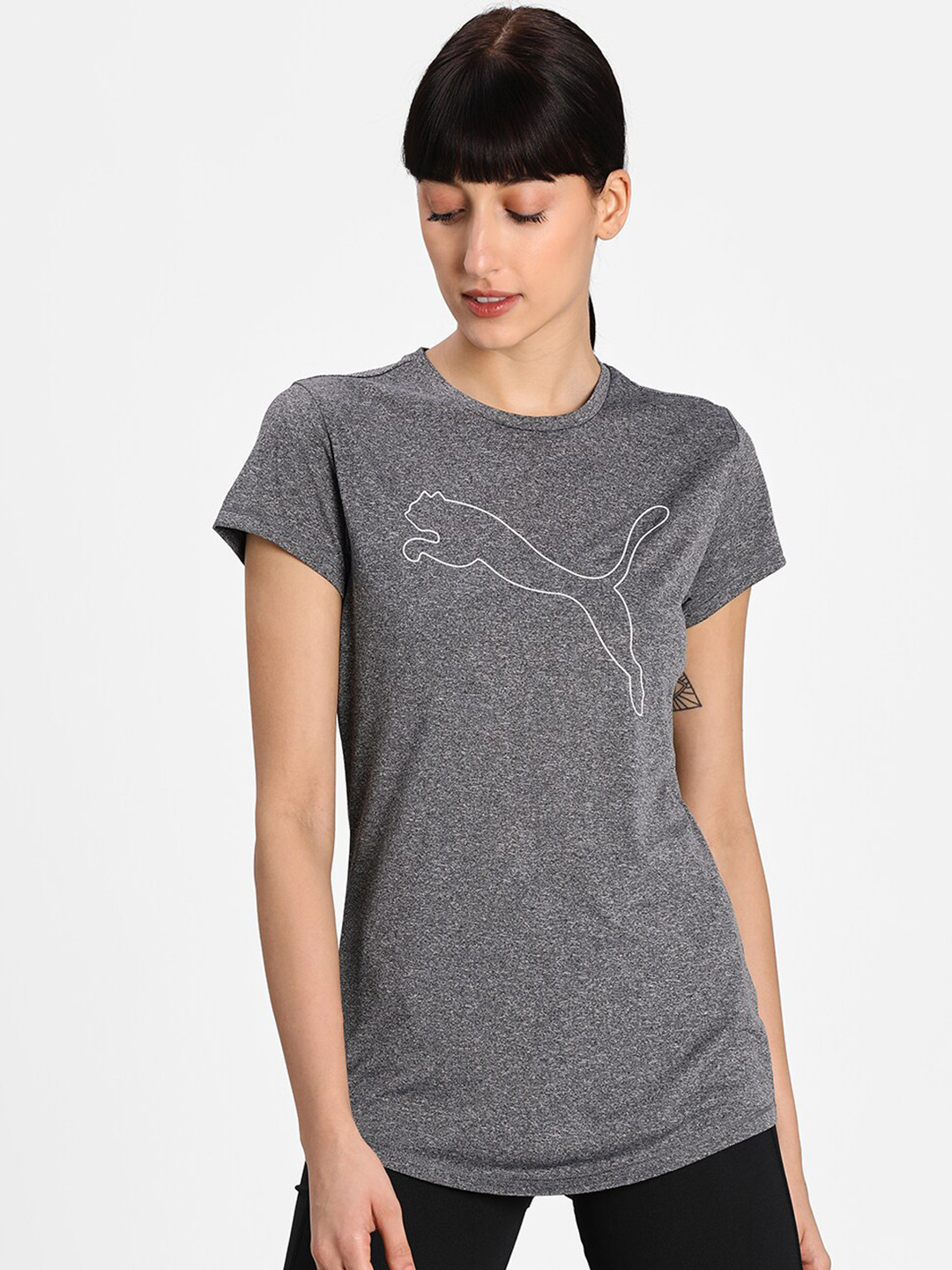 Puma Women Grey Brand Logo Printed dryCELL Training or Gym T-shirt
