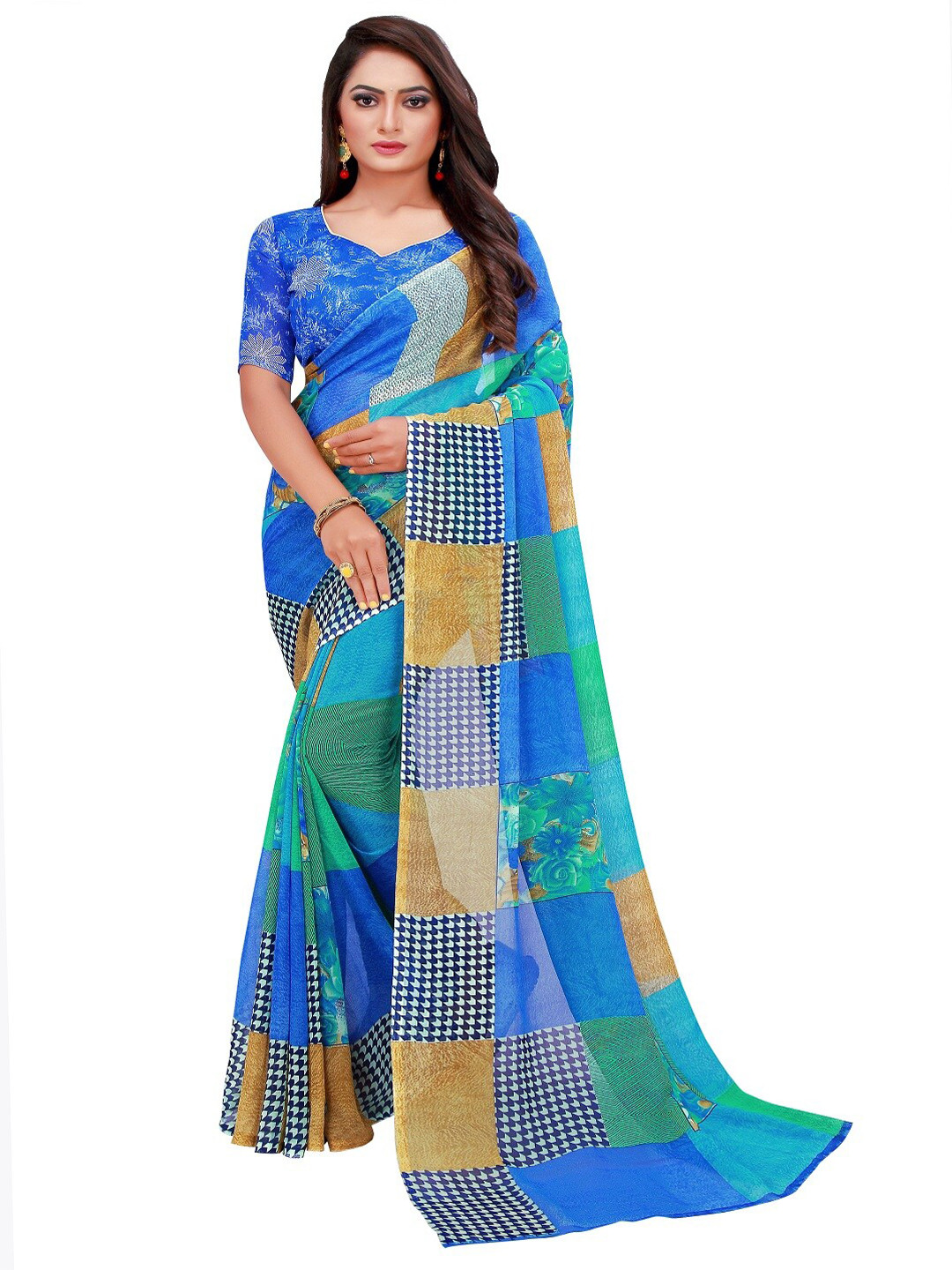 KALINI Blue & Green Block Print Poly Georgette Saree