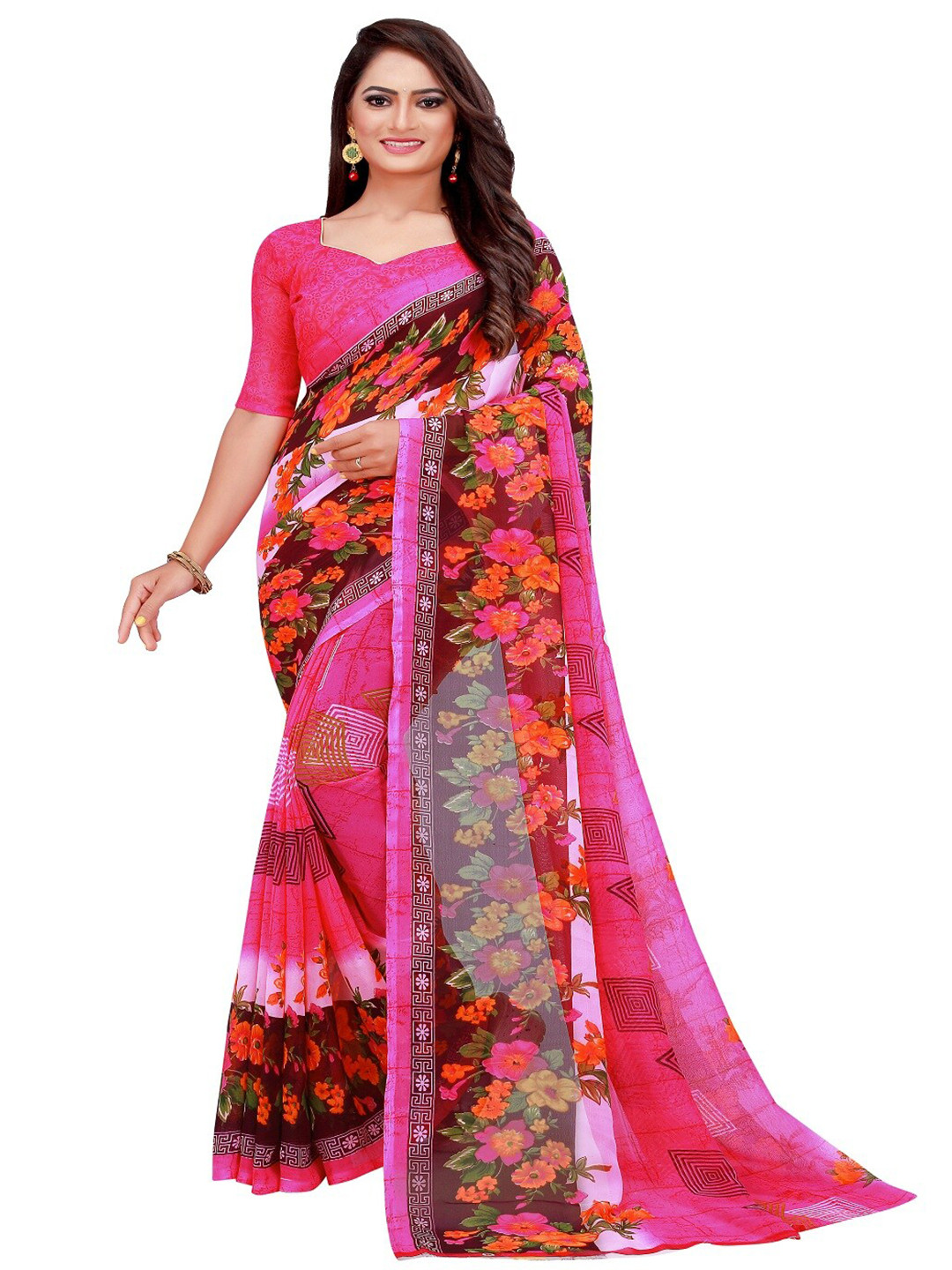 KALINI Pink & Orange Georgette Floral Saree