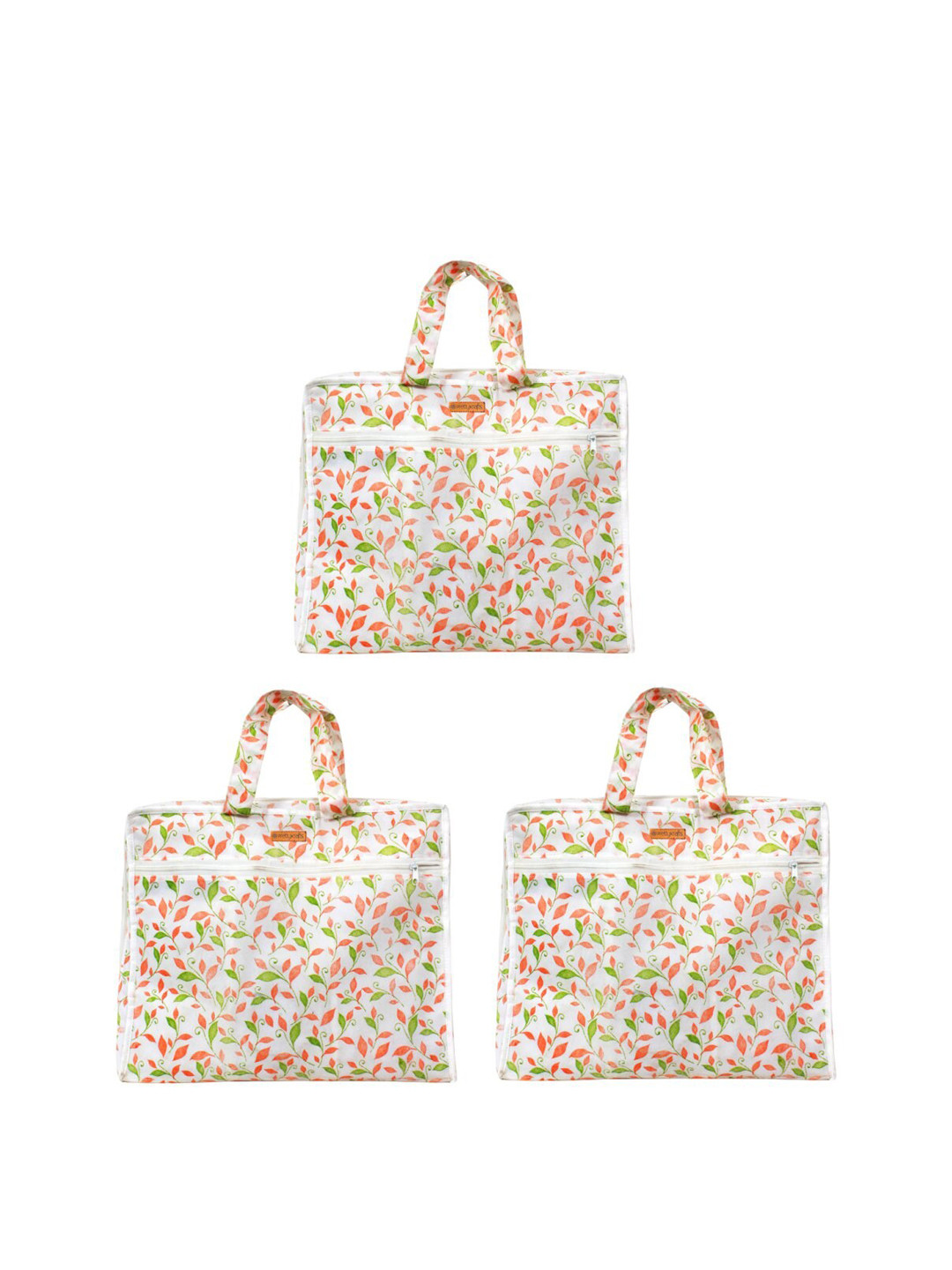 prettykrafts Women Set Of 3 White & Green Printed One Day Travelling Saree Cover Organiser