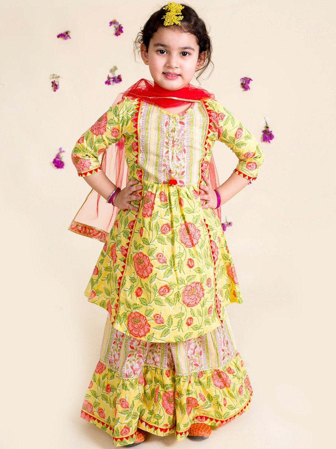 pspeaches Girls Yellow Floral Printed Pleated Pure Cotton Kurta with Sharara & With Dupatta