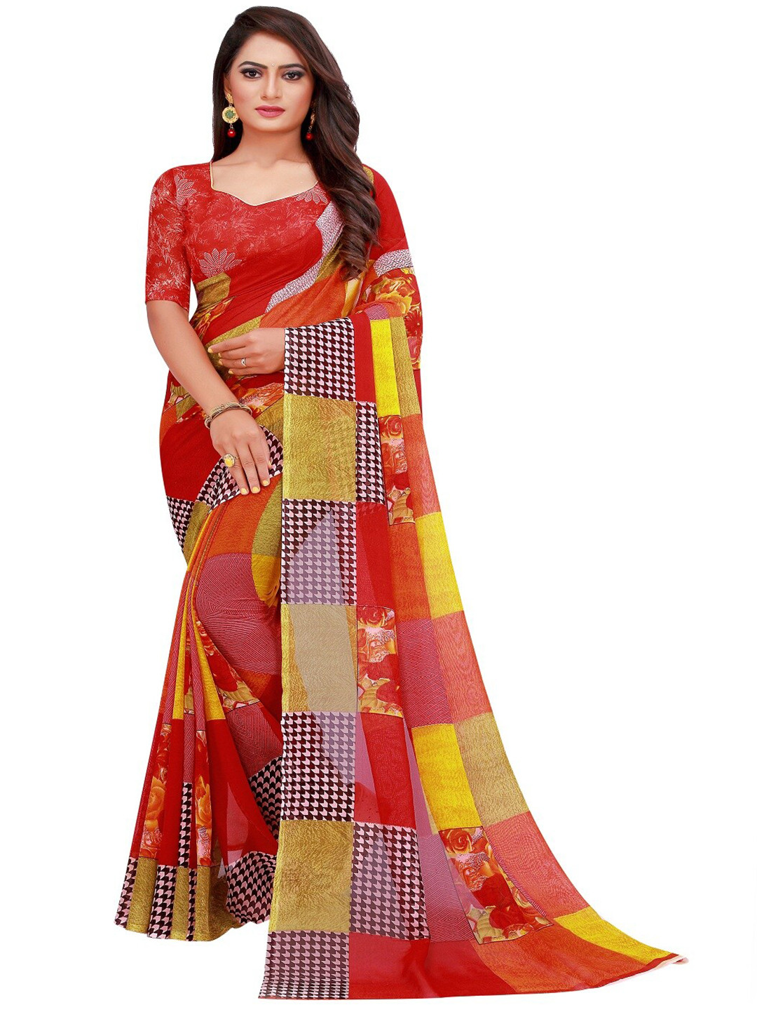 KALINI Red & Yellow Floral Georgette Block Print Saree