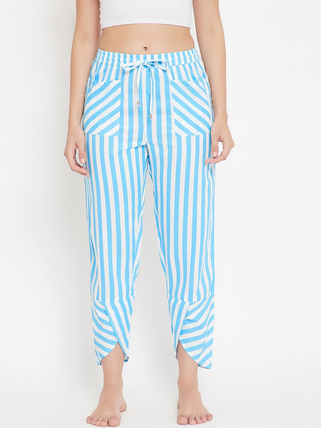 HYPERNATION Women Turquoise & White Striped Rayon Pyjama