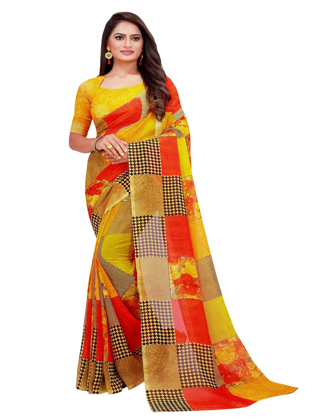 KALINI Yellow & Red Colourblocked Block Print Saree