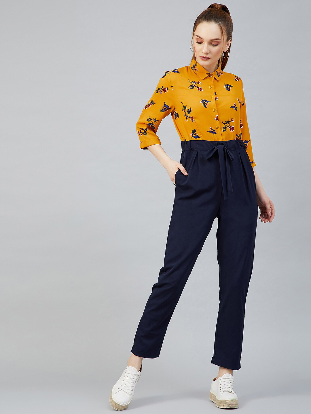 RARE Mustard Yellow & Navy Blue Printed Basic Jumpsuit
