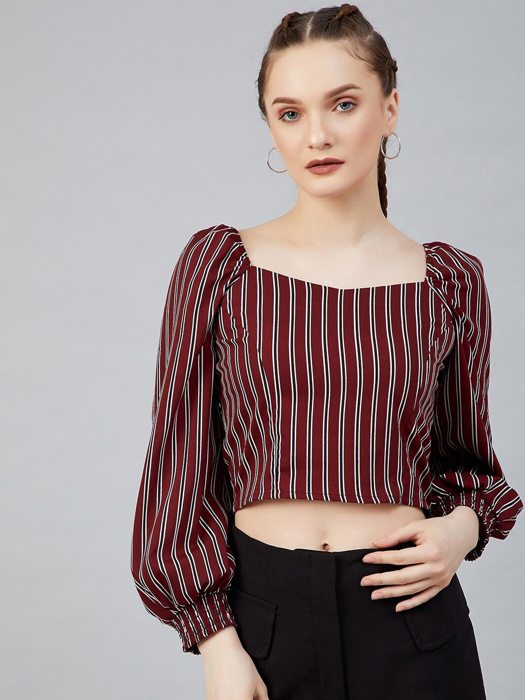 RARE Maroon Striped Puff Sleeve Crepe Regular Crop Top