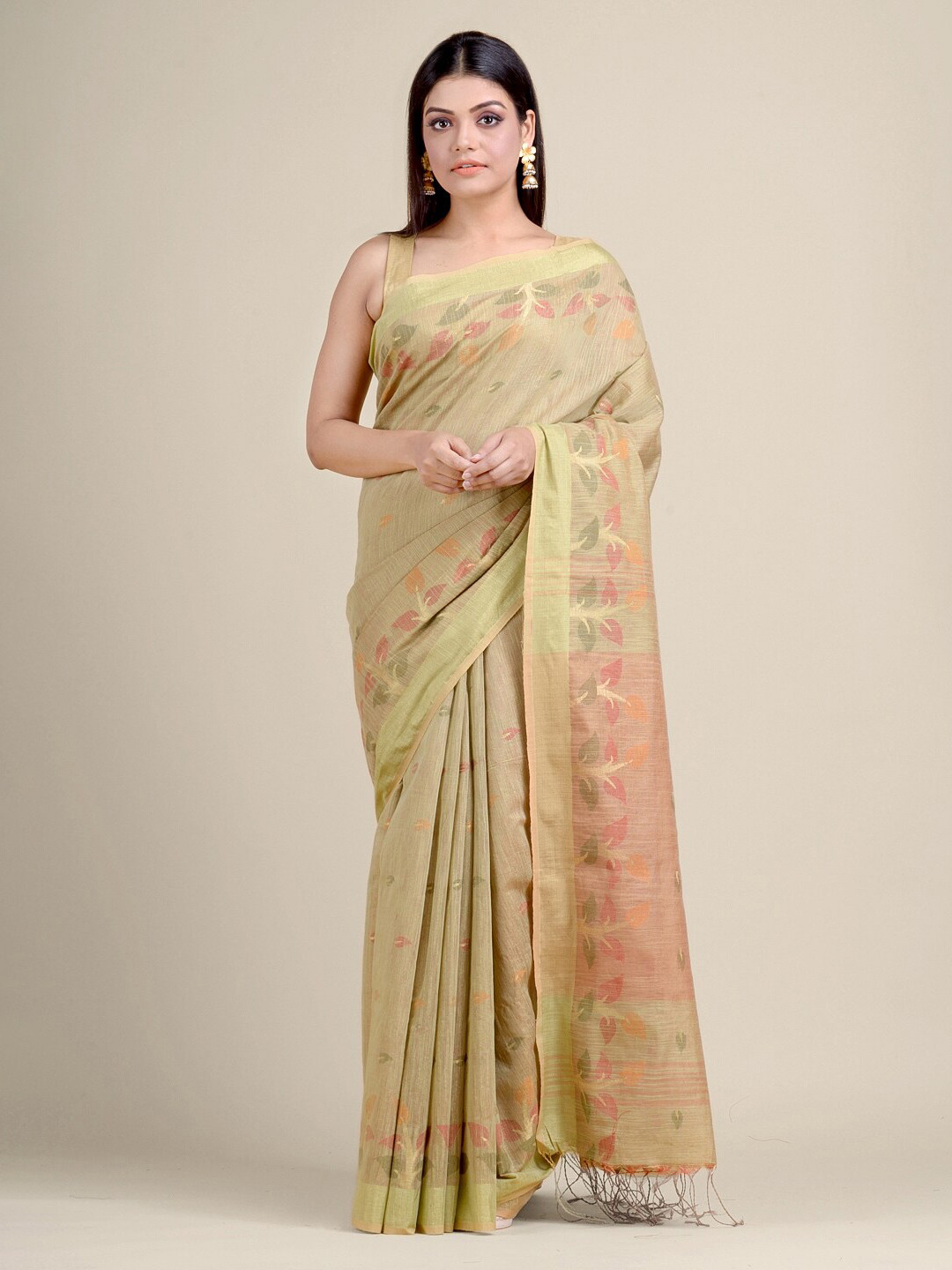 Charukriti Beige & Pink Ethnic Motifs Zari Handloom Cotton Blend Saree
