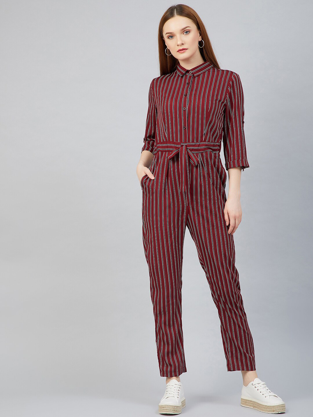 RARE Maroon & White Striped Basic Jumpsuit