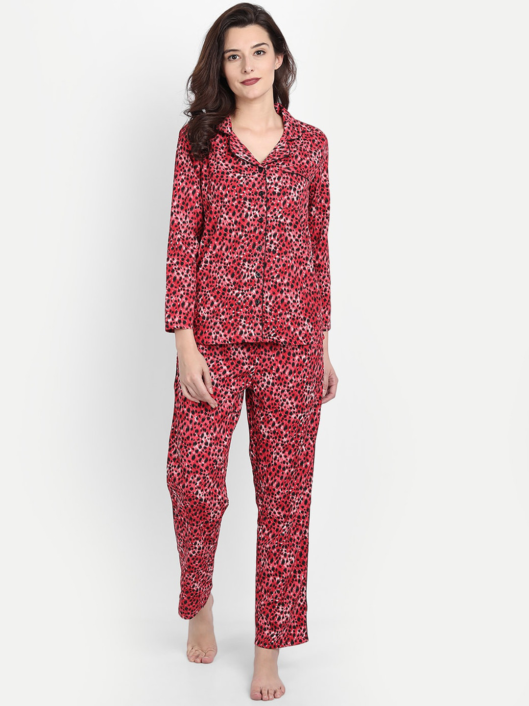 IX IMPRESSION Women Red & Black Animal Printed Night Suit