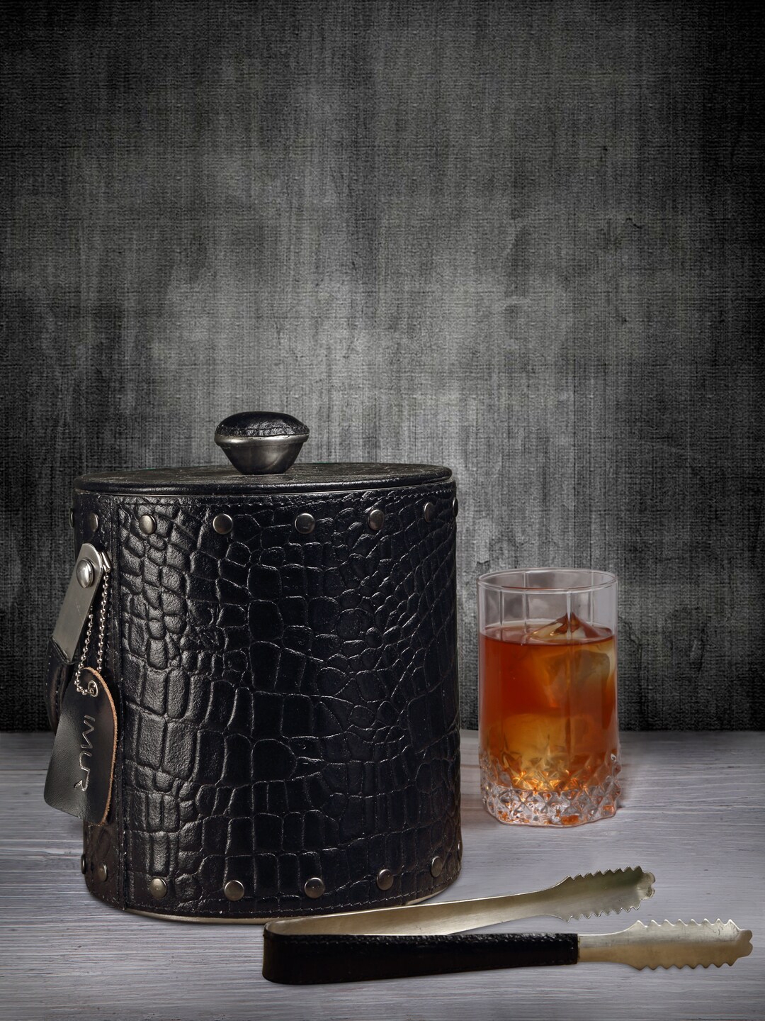 IMUR Black Textured Genuine Leather Ice Bucket with Tongs