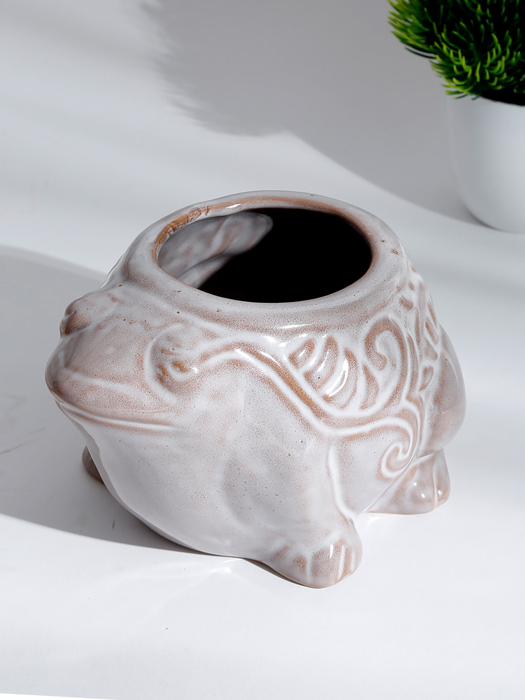Fabindia White & Beige Ceramic Jeevi Embossed Planter