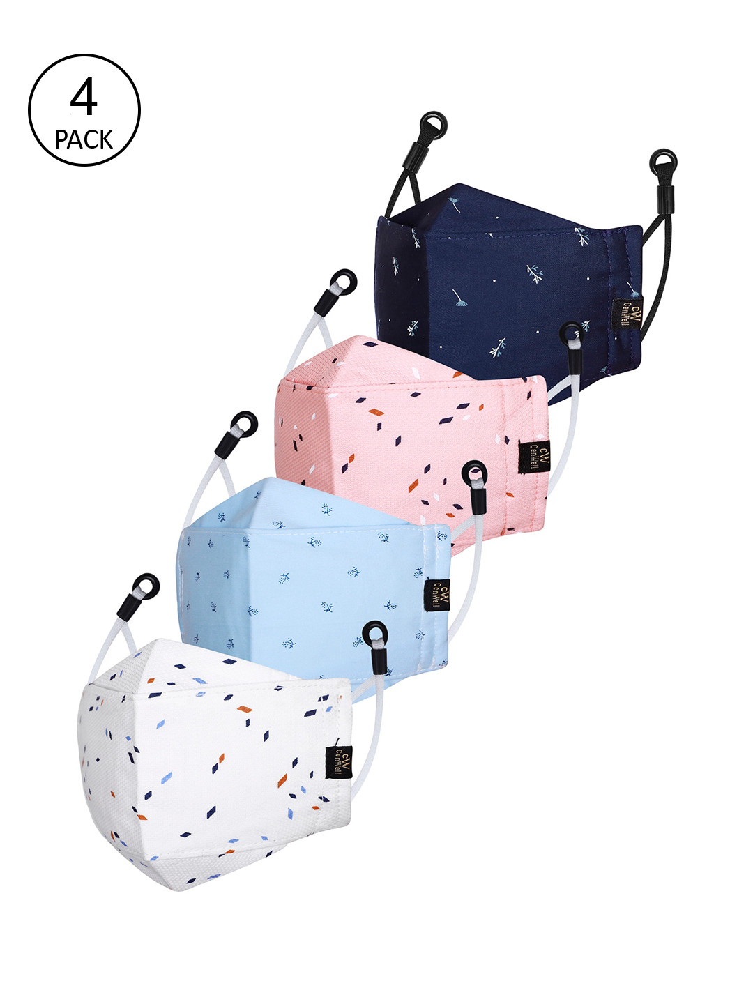 CENWELL Unisex Pack Of 4 Blue Printed 6-Ply Reusable Pure Cotton 3D Cloth Masks