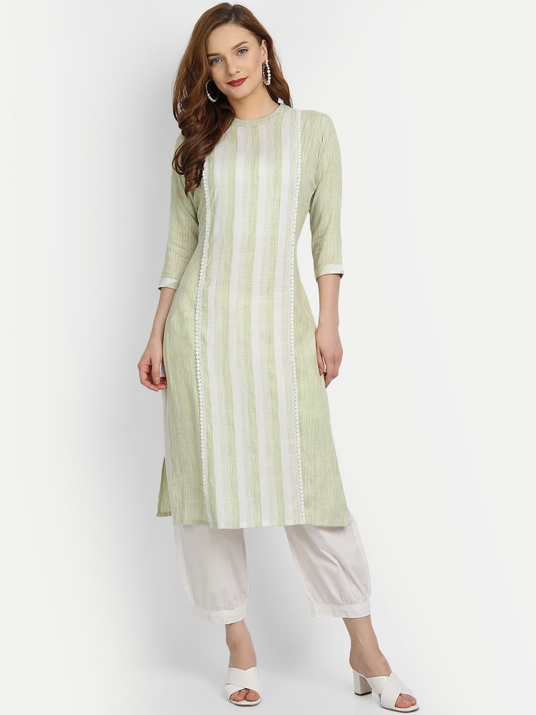HK colours of fashion Women Lime Green Striped Thread Work Kurta