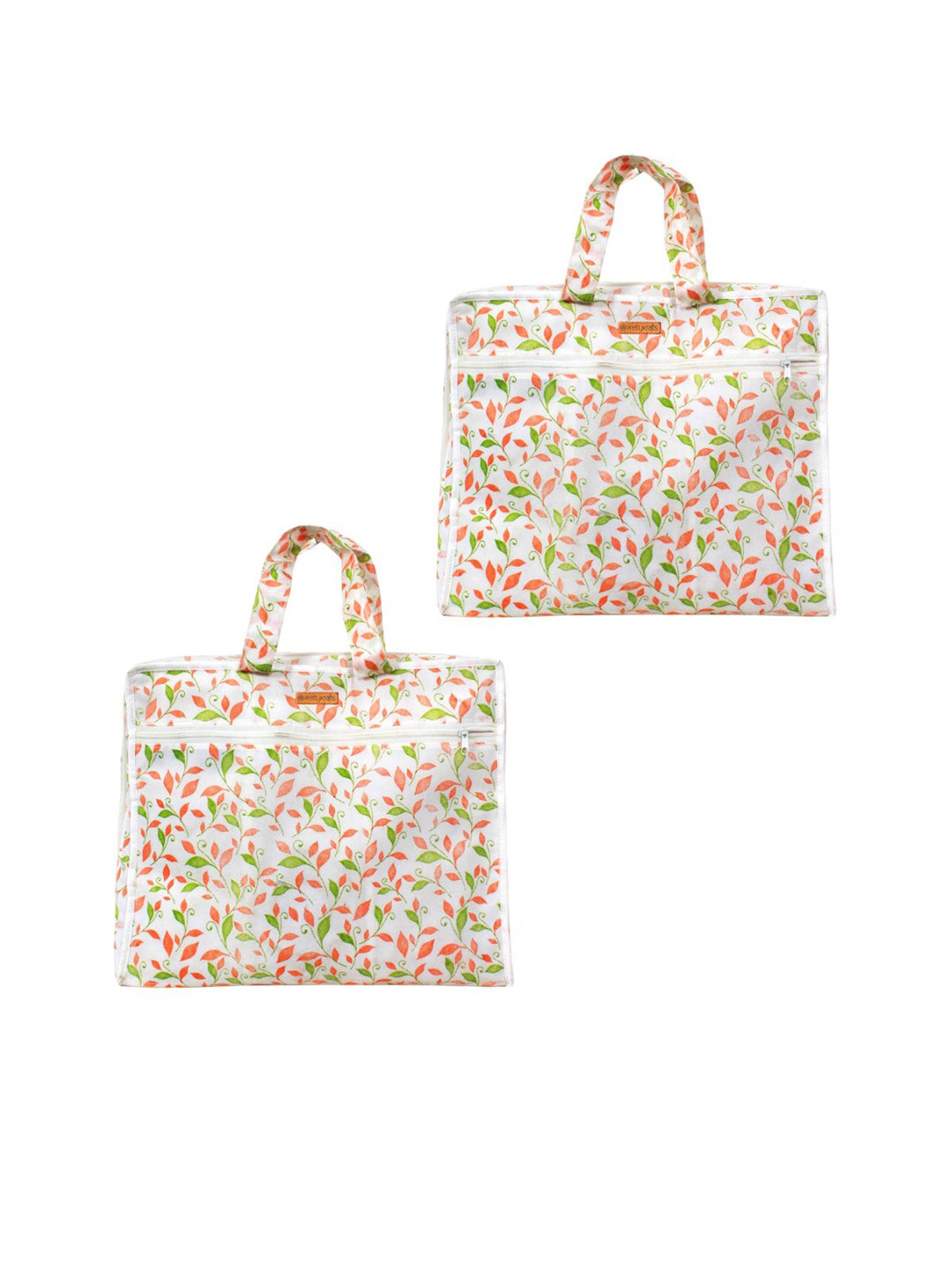 prettykrafts Women Set Of 2 White & Orange Printed Multipurpose Travel Saree Cover