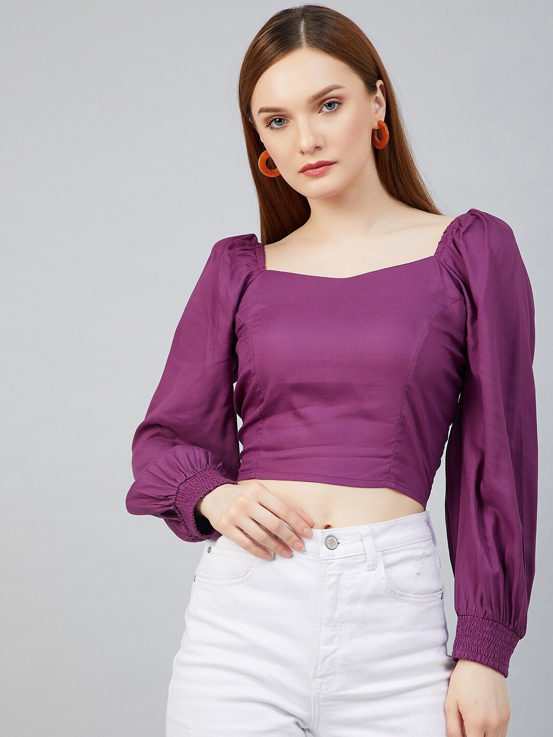 RARE Purple Sweetheart Neck Puff Sleeve Crepe Regular Crop Top