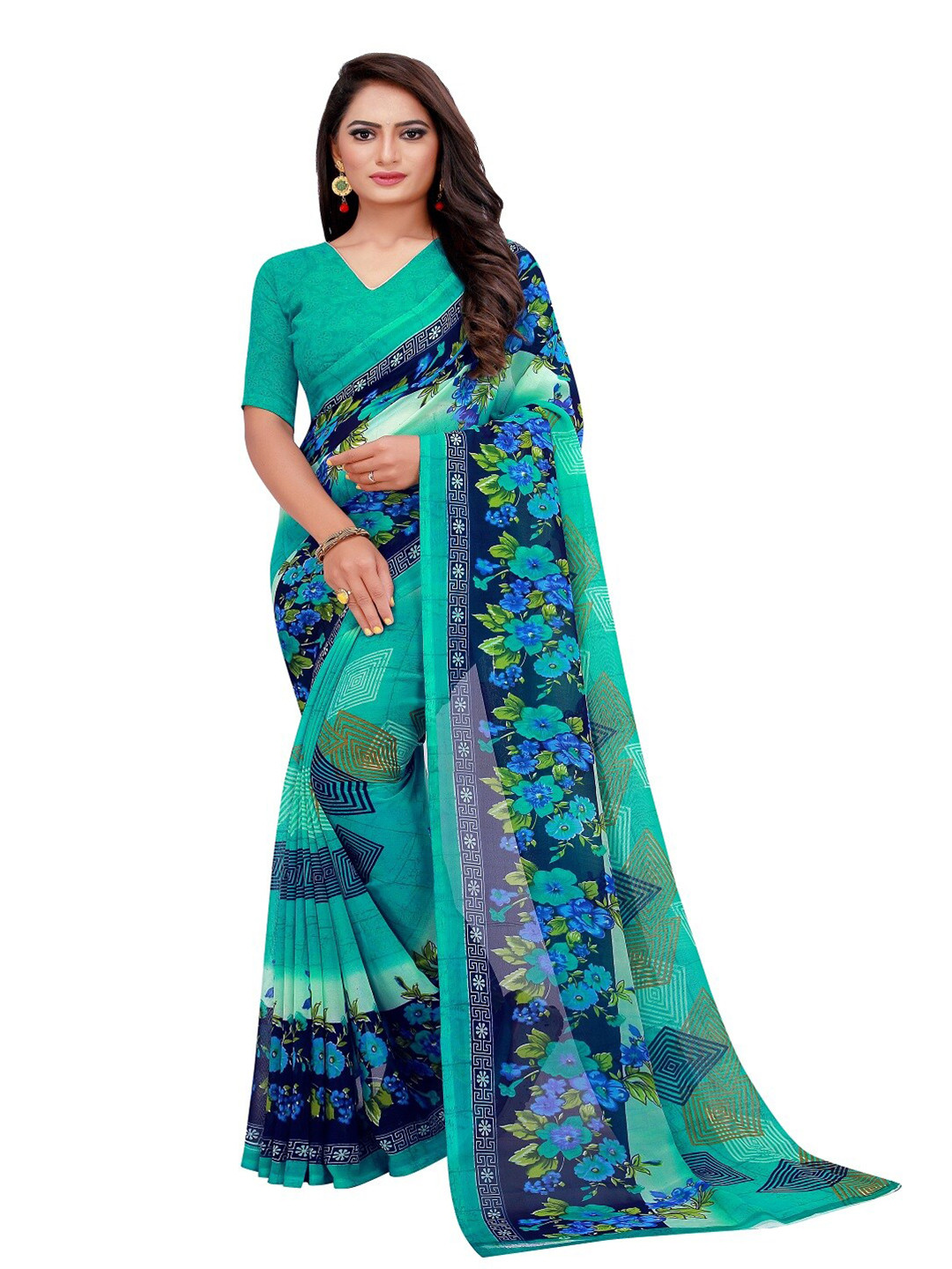 KALINI Green & Blue Poly Georgette Floral Saree