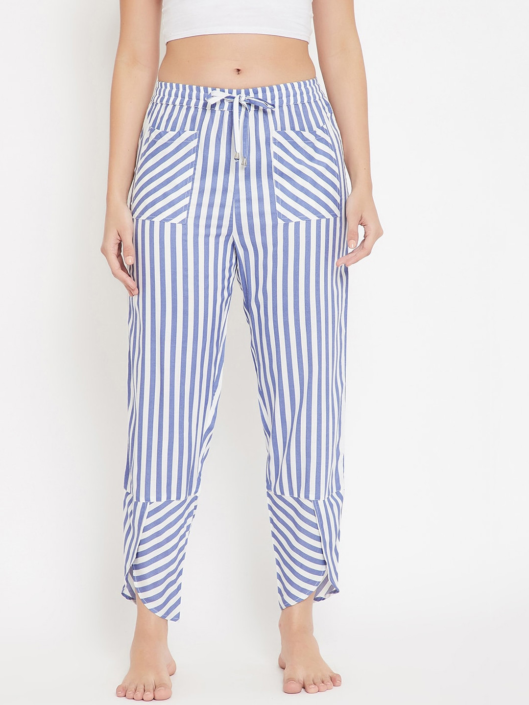 Hypernation Women White & Blue Striped Rayon Lounge Pants