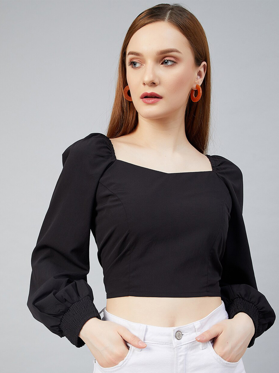 RARE Black Puff Sleeve Crepe Regular Crop Top