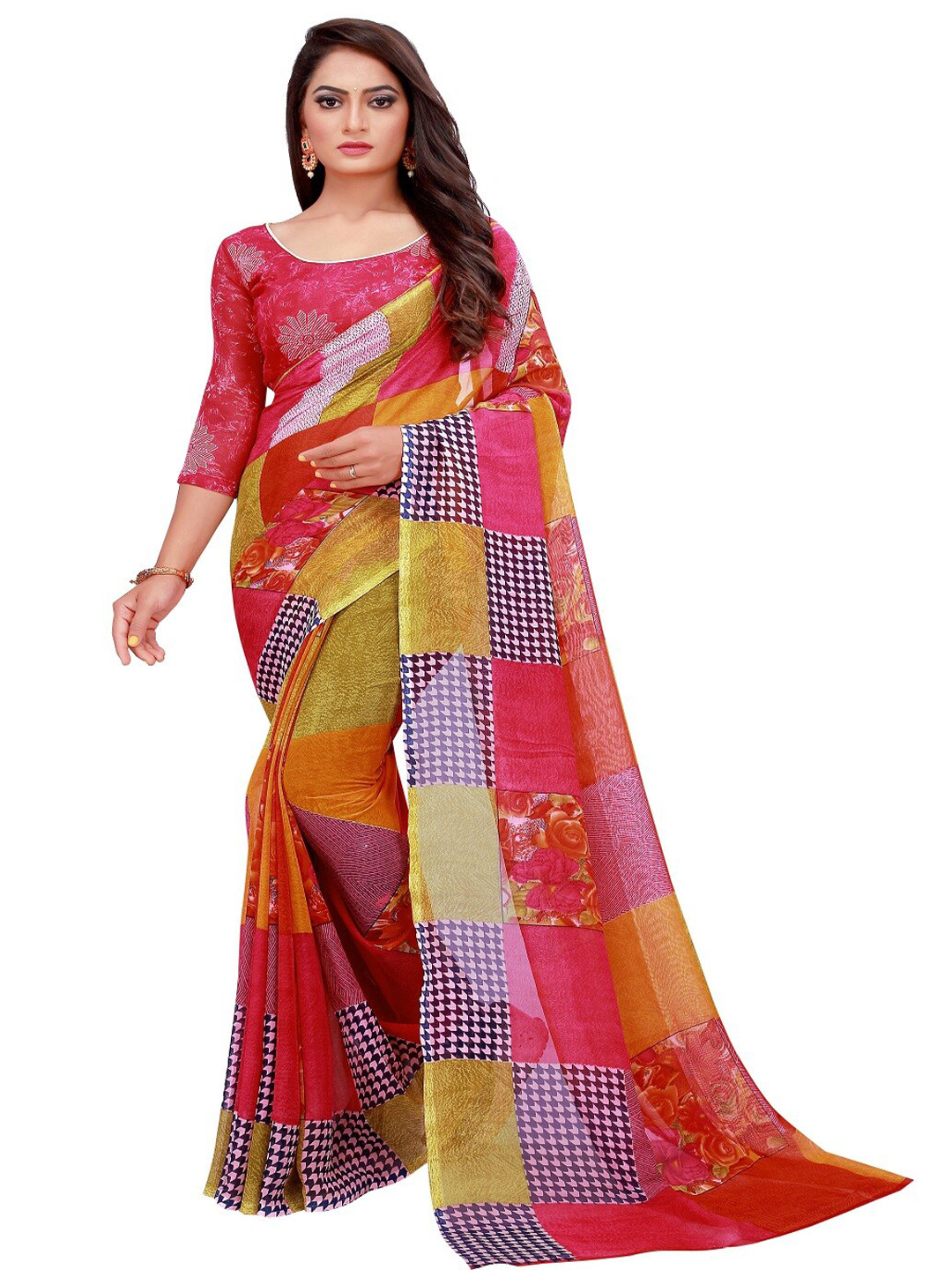 KALINI Pink & Green Colourblocked Block Print Georgette Saree