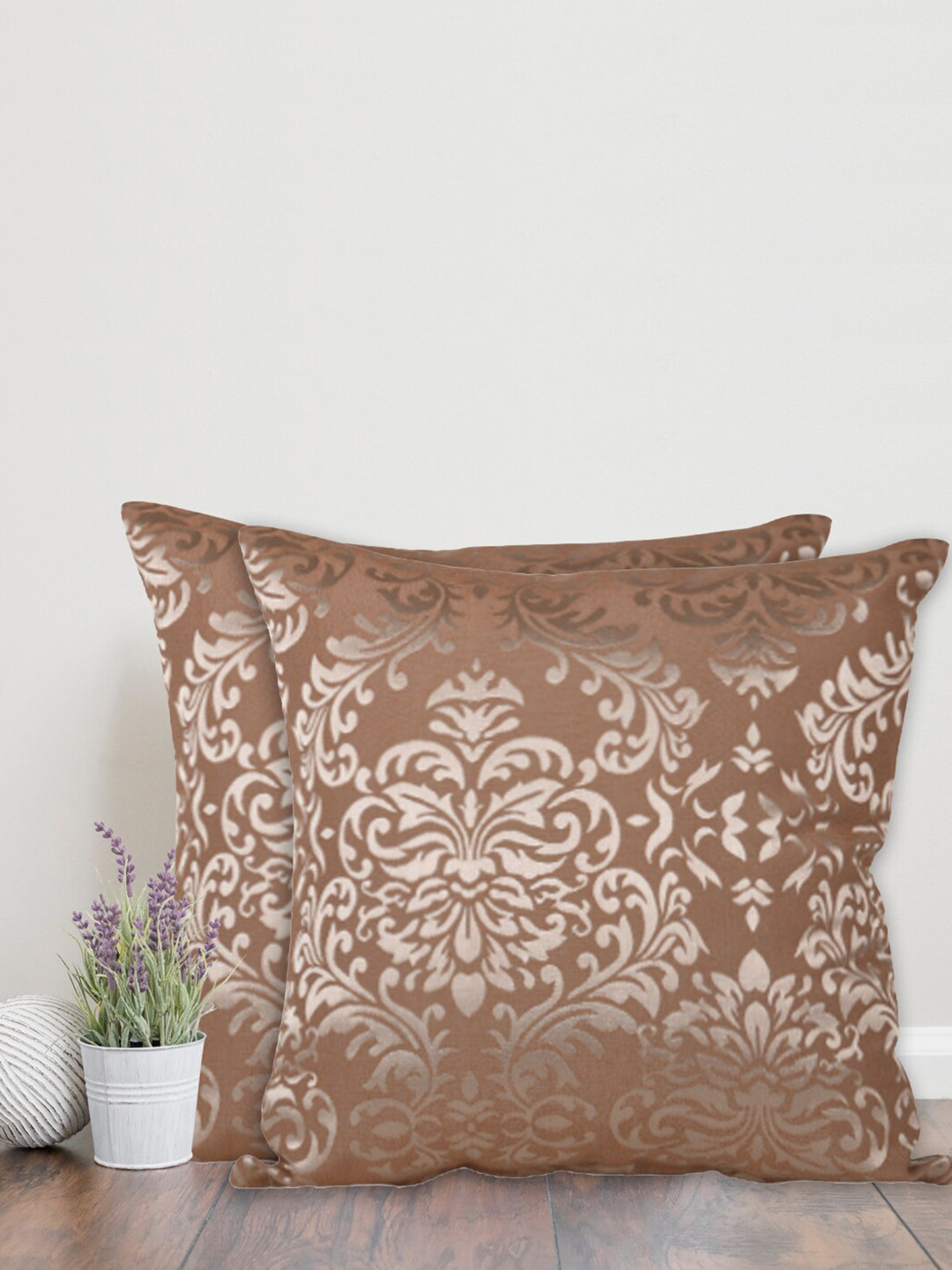 Home Light-Weight Brown Ethnic Motifs Cotton 2 Piece Square Cushion Covers -16x16In
