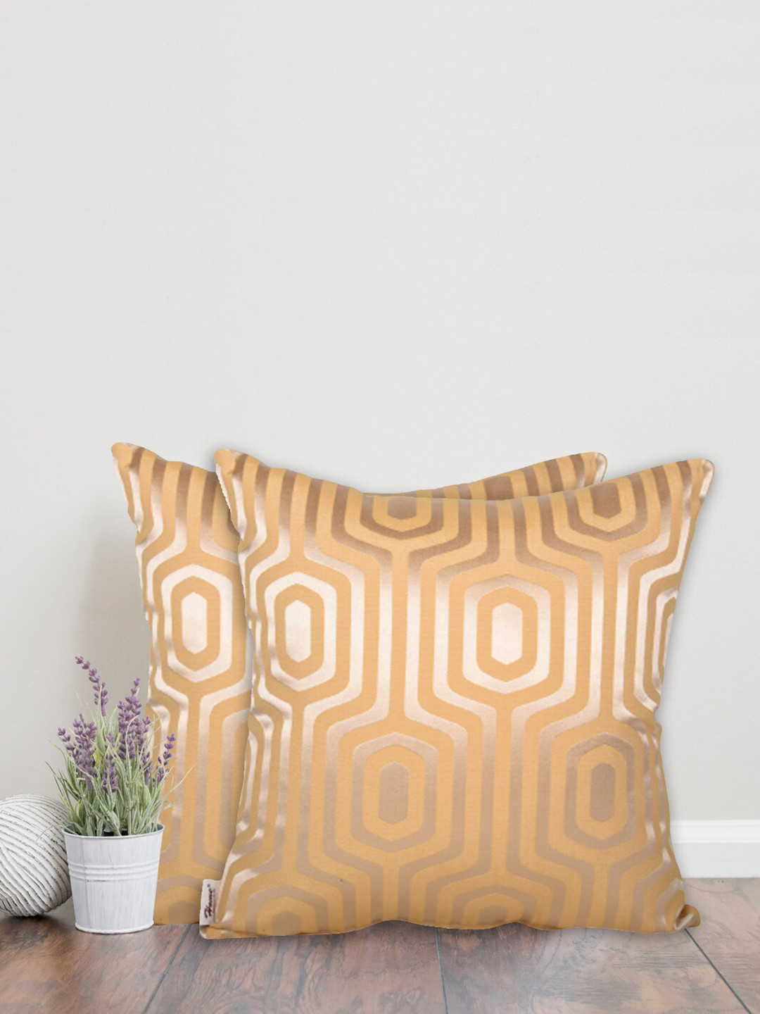 Home Mustard & Gold-Toned Set of 2 Geometric Square Cushion Covers