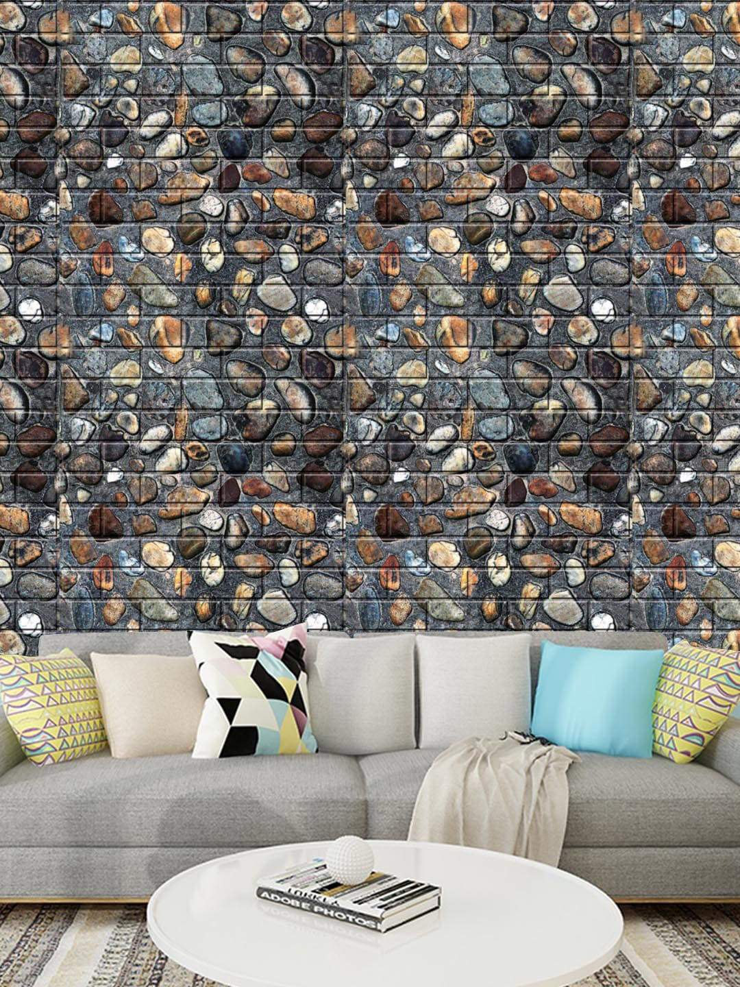 Jaamso Royals Grey Set of 5 Brick Stone Printed Self Adhesive 3D Wallpapers