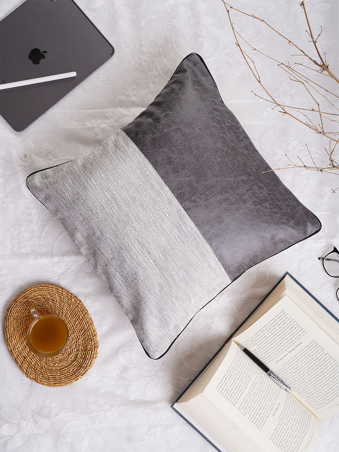 Folkstorys Grey Colourblocked Faux Leather Washable Square Cushion Cover - 16 x 16 Inches