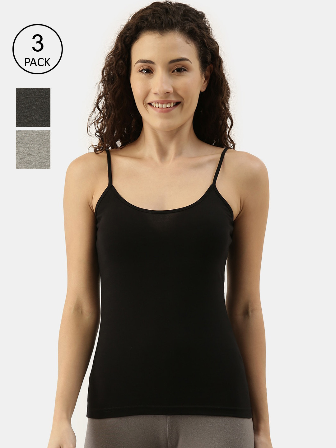 appulse Women Pack Of 3 Solid Cotton Camisoles AP-WM-SLIPS-2085-CMB_BLK_AM_GM
