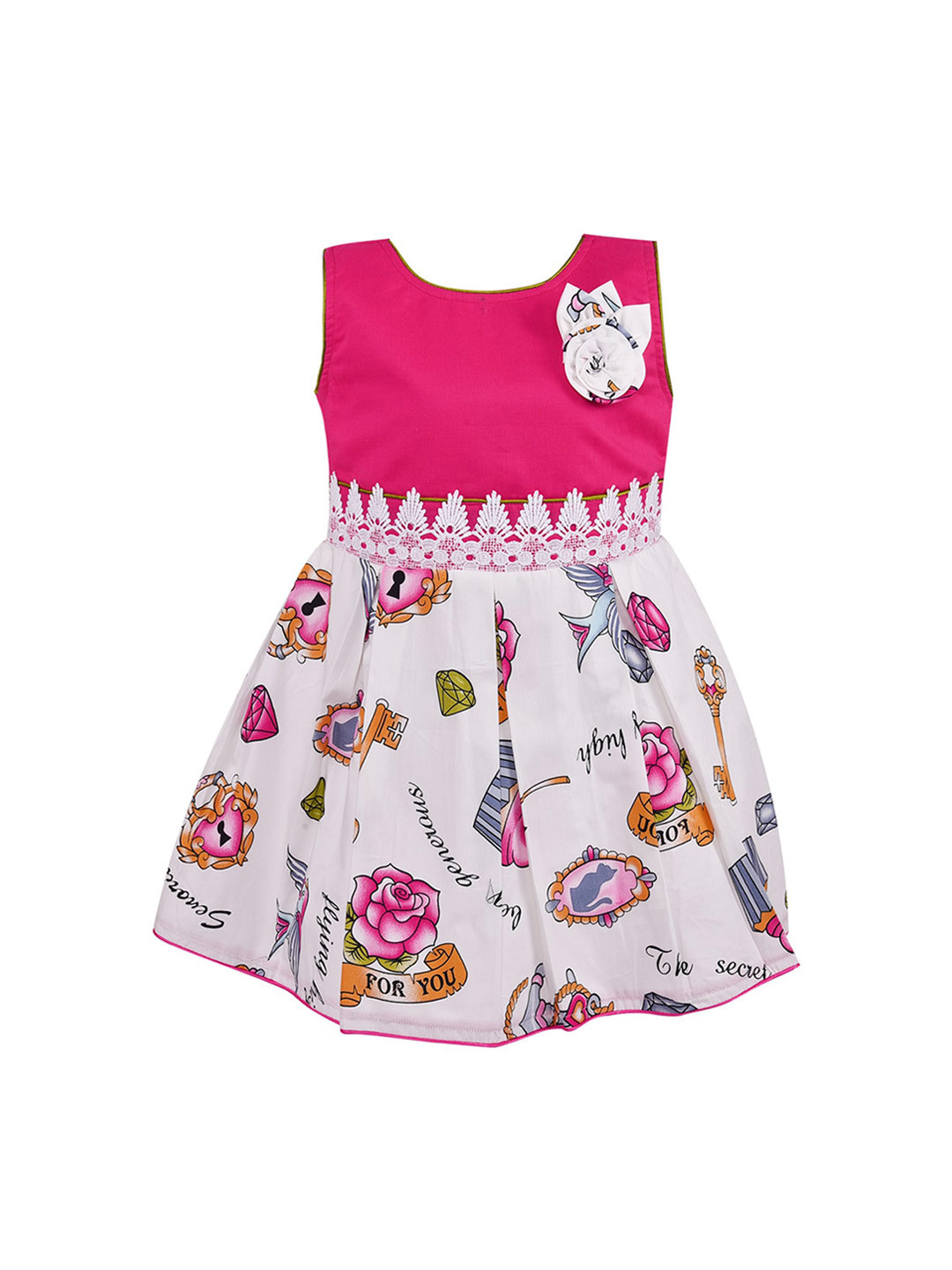 Wish Karo Girls Pink and White Pleated Conversational Printed Fit and Flare Dress