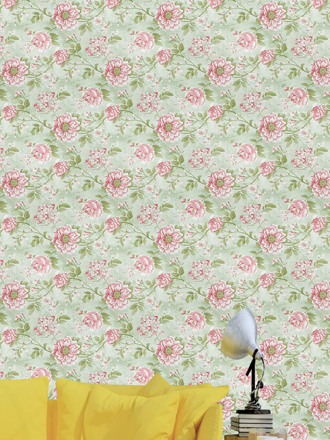 Jaamso Royals Green & Pink Flower & Leaves Printed Self Adhesive Wallpaper