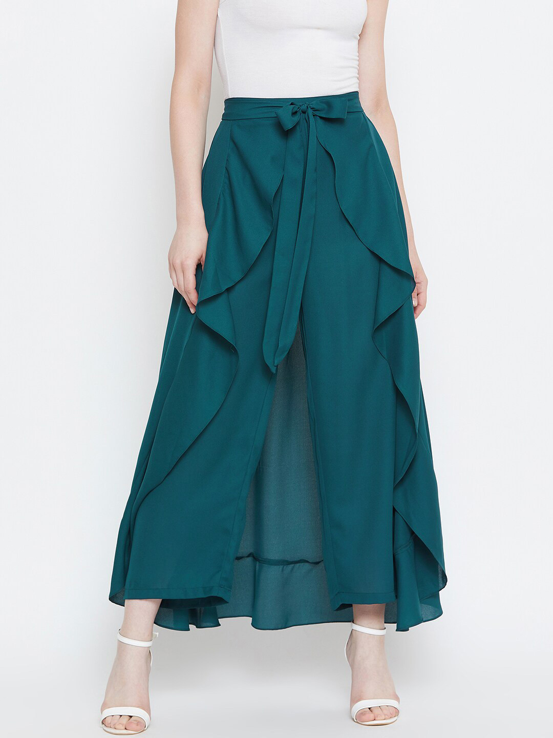 La Zoire Women Teal Flared Georgette Palazzos