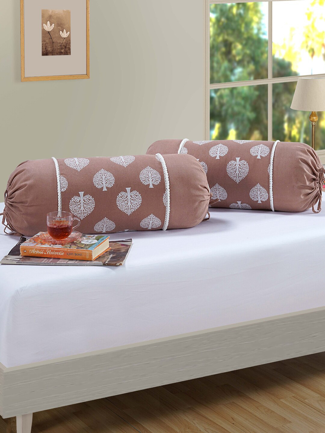 SWAYAM Set Of 2 Brown & White Block Printed Pure Cotton 120 TC Bolster Covers