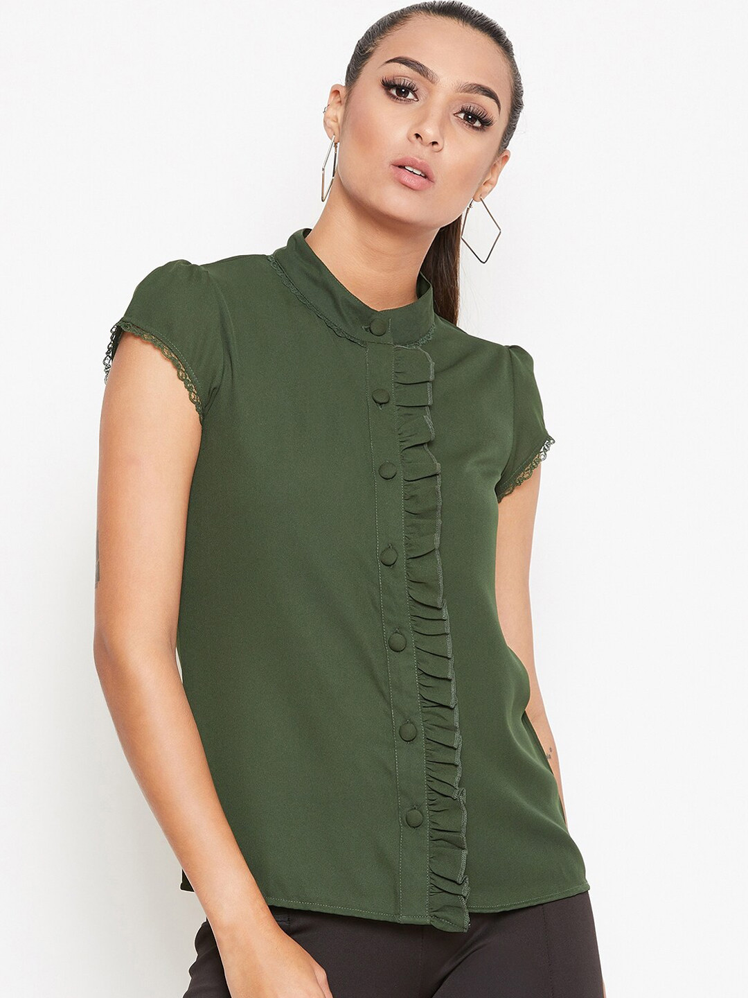 La Zoire Women Olive Green Frills Detailing Casual Shirt