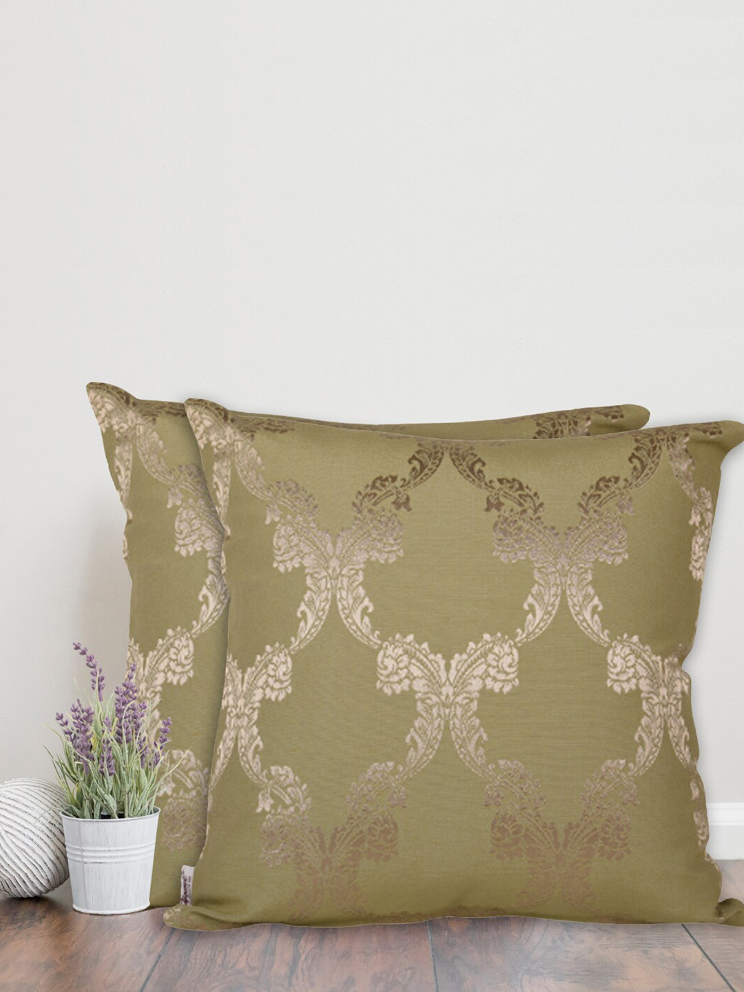 Home Olive Green & Gold-Toned Set of 2 Ethnic Motifs Square Cushion Covers