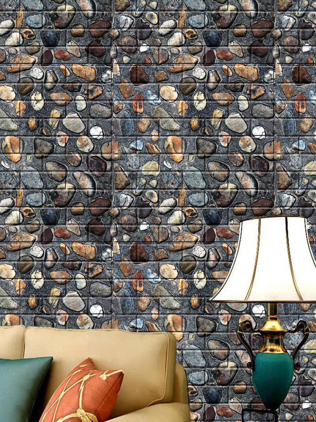 Jaamso Royals Grey Set of 3 Brick Stone Printed Self Adhesive 3D Wallpapers
