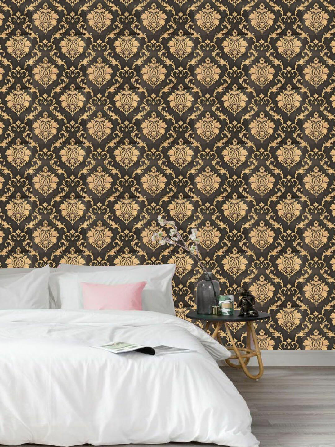 Jaamso Royals Black & Beige Damask Printed Self Adhesive Wallpaper