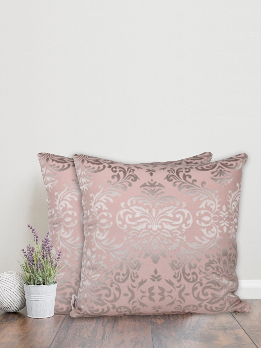 Home Pink & Silver-Toned Set of 2 Ethnic Motifs Square Cushion Covers