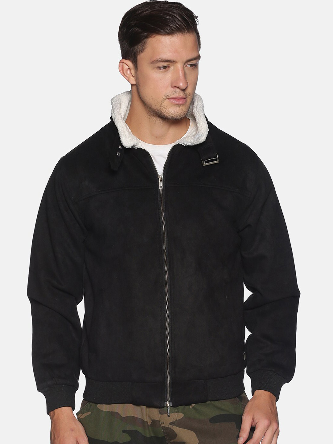 Campus Sutra Men Black Suede Biker Jacket