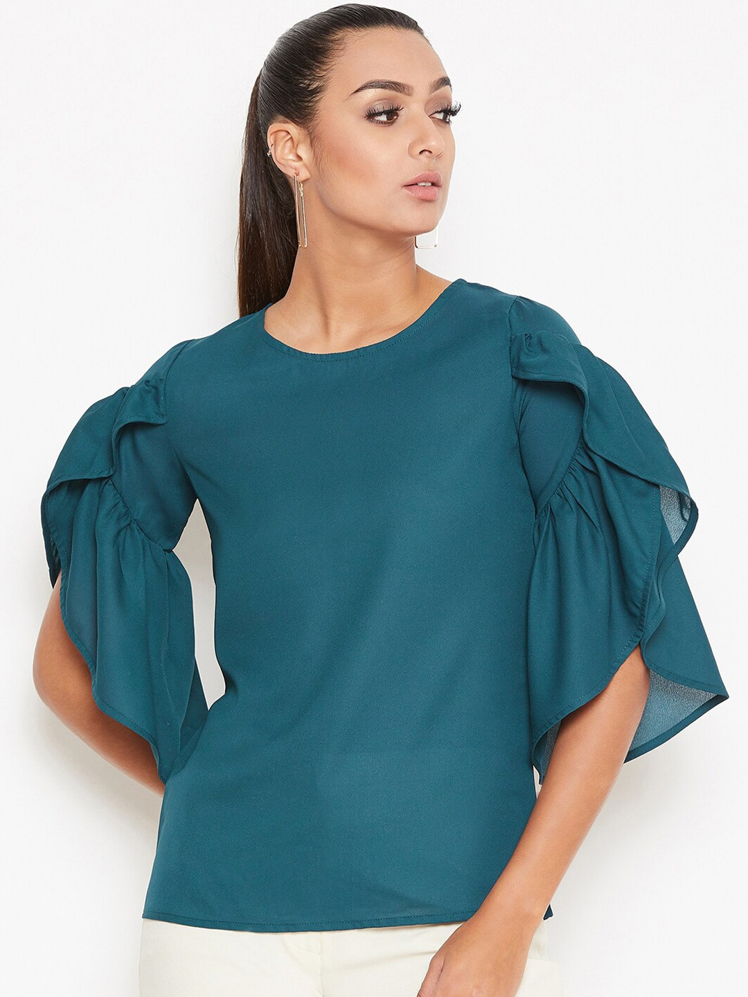La Zoire Women Teal Bell Sleeve Regular Top